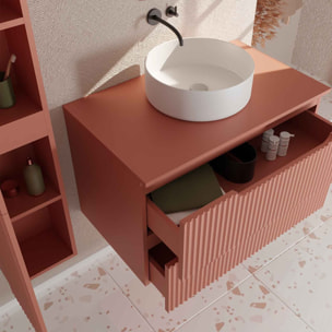 Meuble et colonne de Salle de Bains LEON 80cm Terracotta - Façades Ondulées - Vasque Ronde 36cm