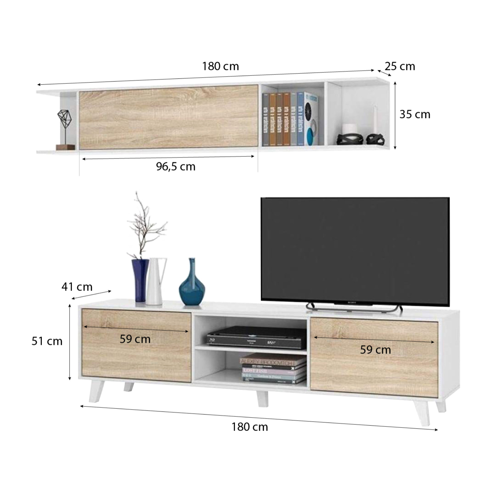 Parete Attrezzata Da Soggiorno Salotto Mobile TV Ante Soft Close Pensile Con Mensola Dsign Moderno Elegante 180x41x43 Cm Bianco Lucido Rovere