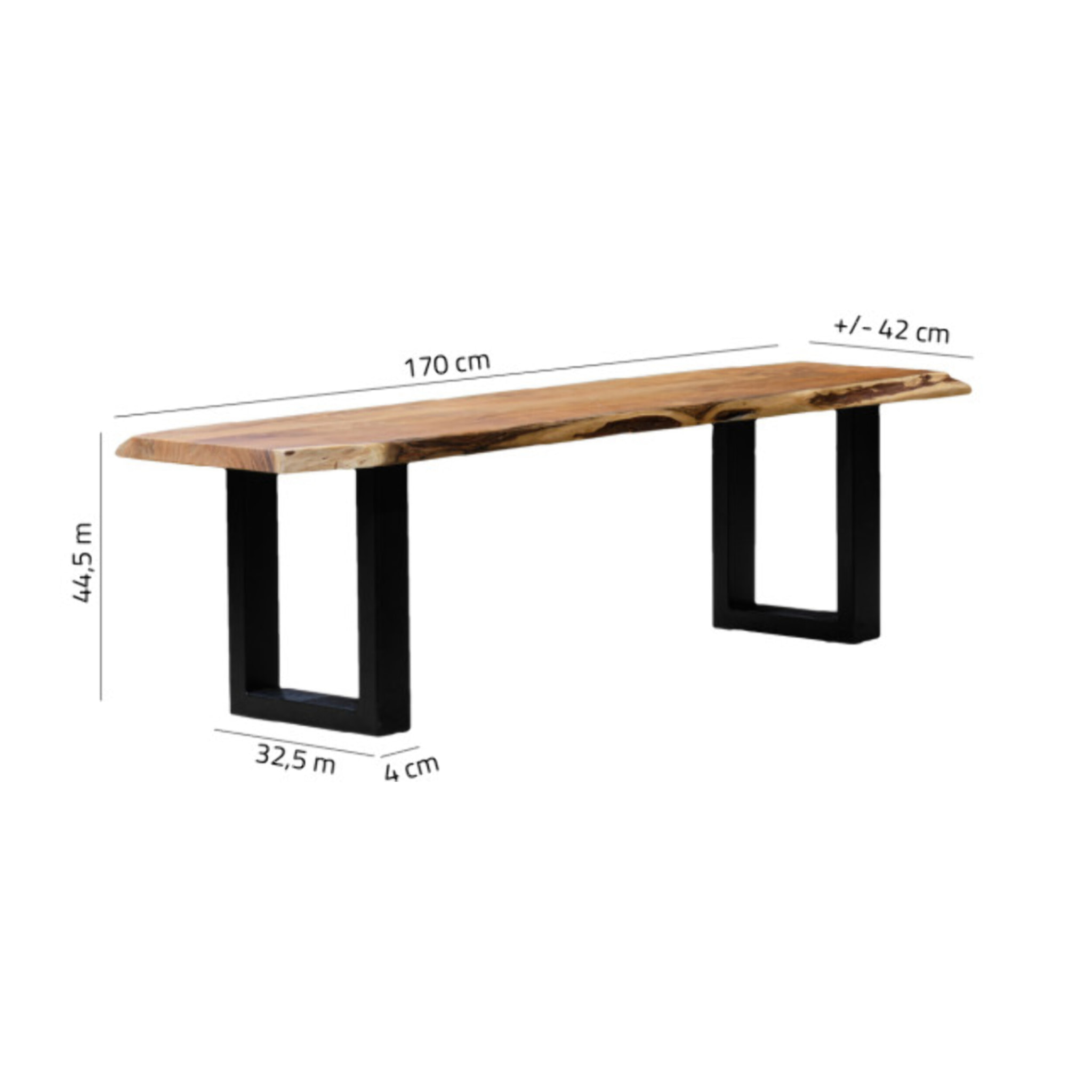 Banc 170 cm en bois d'acacia massif et pieds en métal noir - WOOD