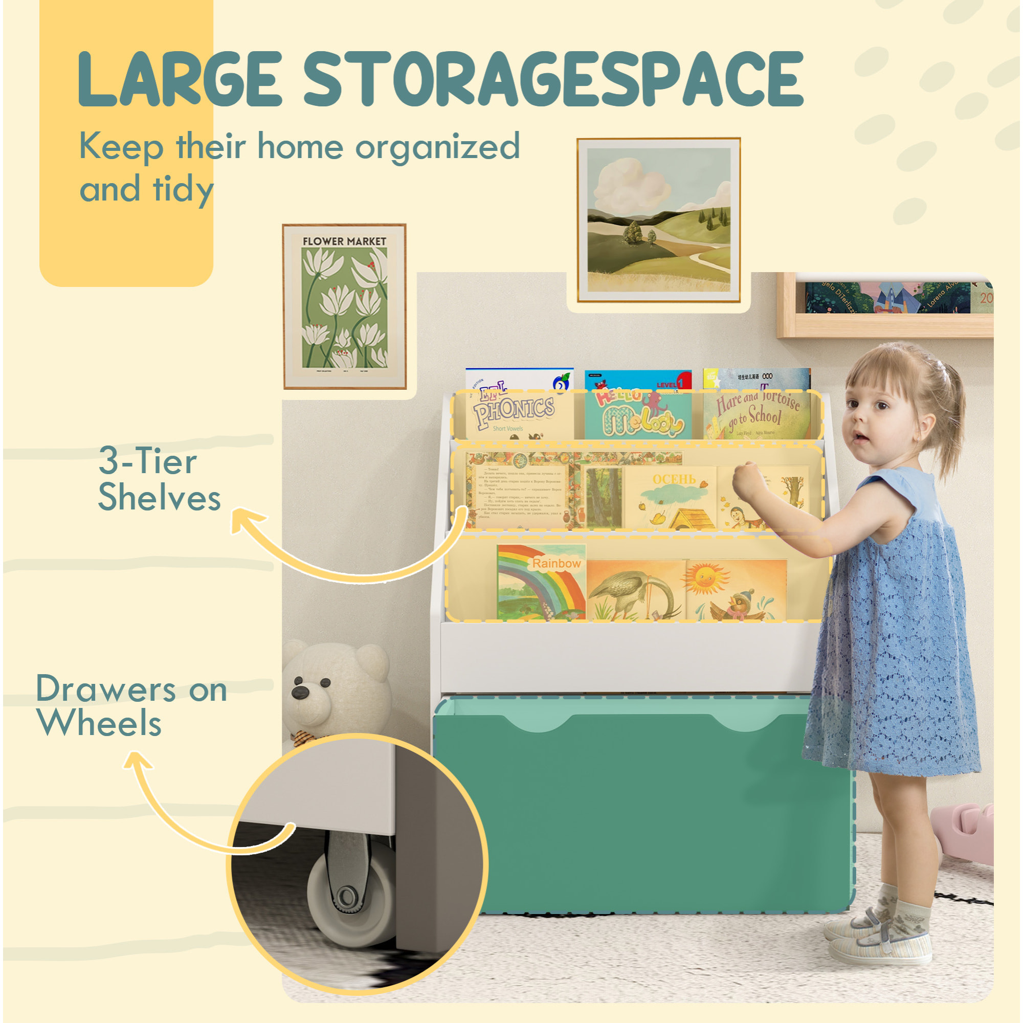 Bibliothèque étagère multi-rangement enfant - 3 étagères, grand tiroir - MDF blanc vert