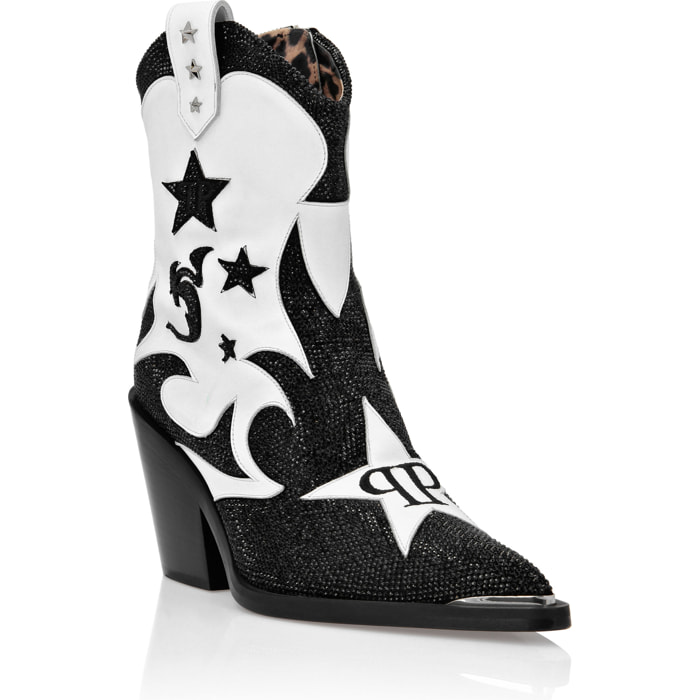 PHILIPP PLEIN Strass Cow Boy Boots Mid Heels Mid Stars