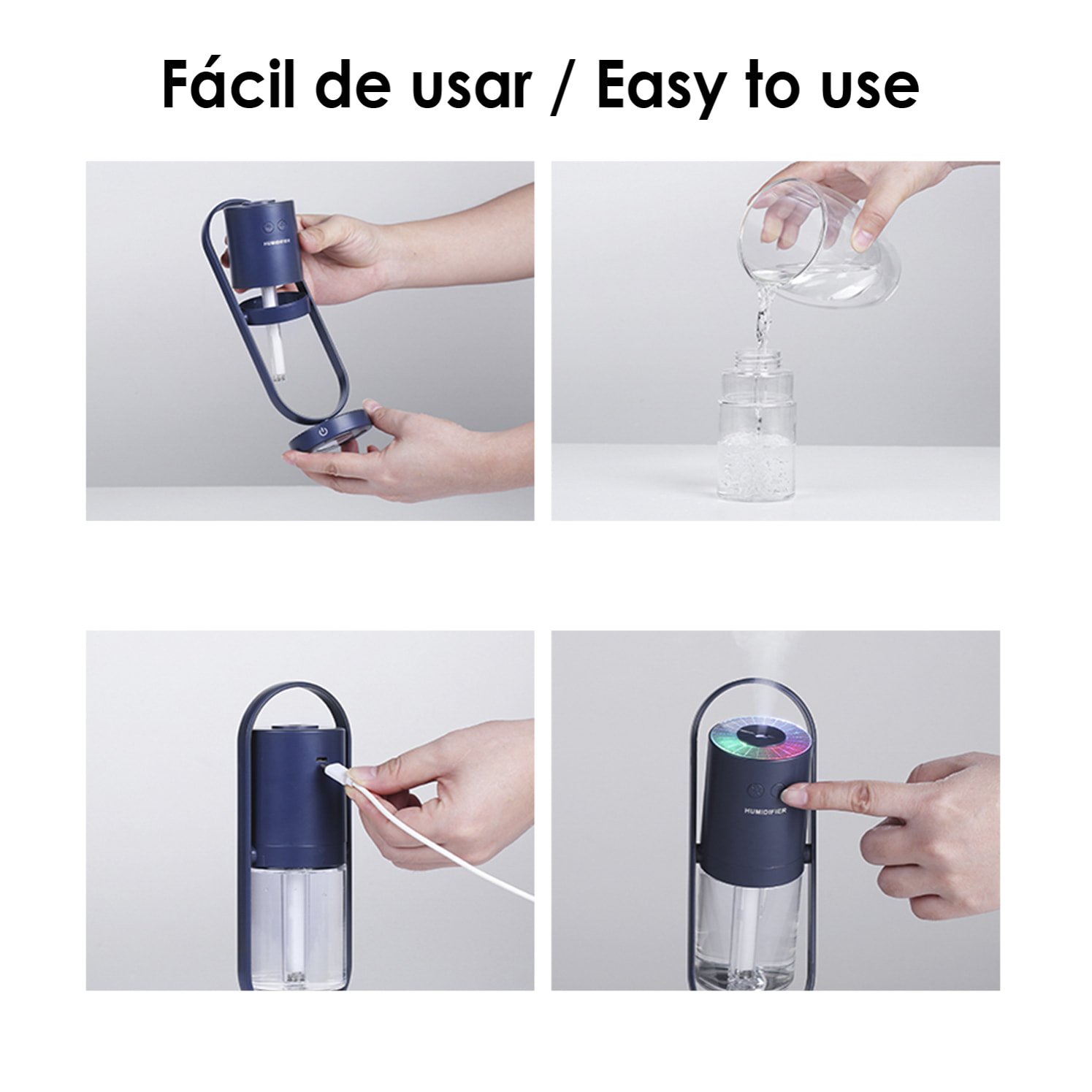 Umidificatore multifunzione da 200 ml con luci LED multicolore. Funzione sterilizzazione, compatibile con idroalcol.