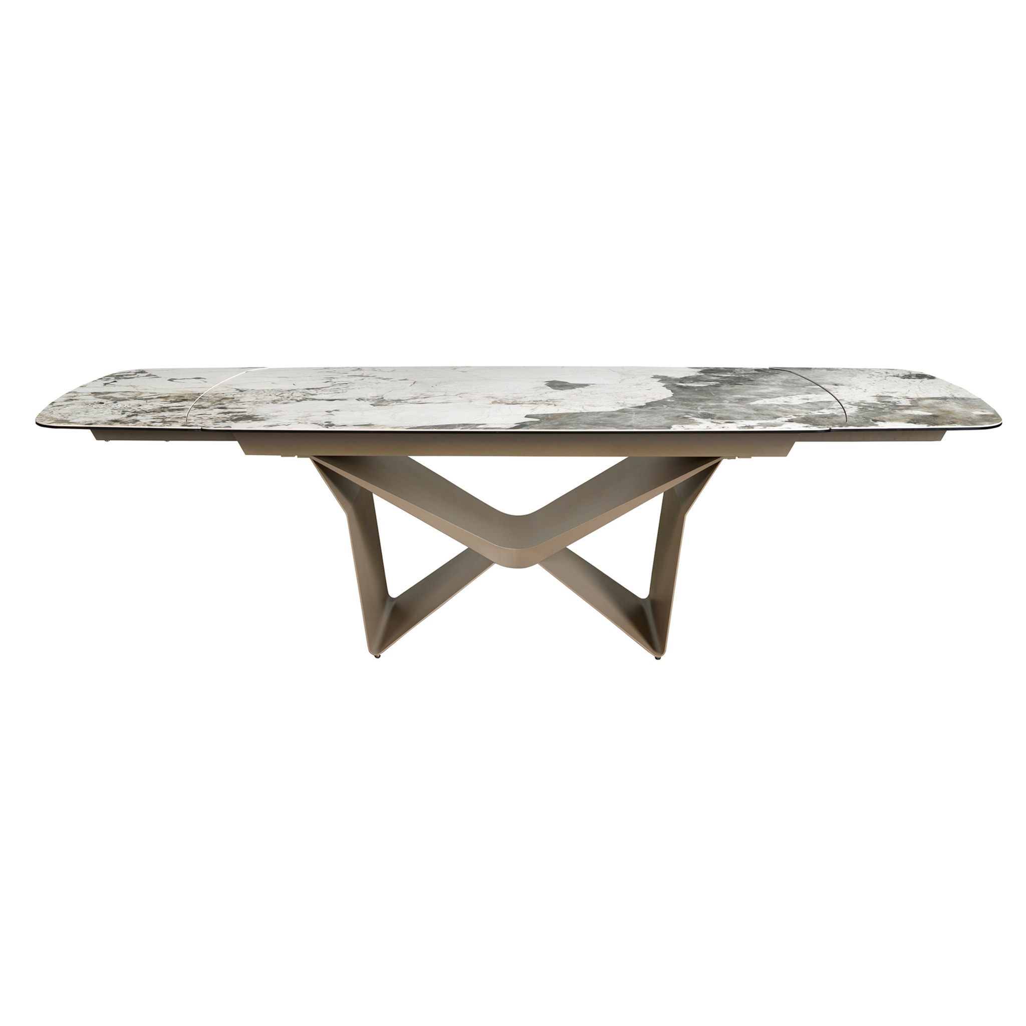 Mesa comedor extensible ovalada barril con tapa de mármol porcelánico blanco con vetas en tonalidades grises y marrones en acabado mate 200x100x76cm