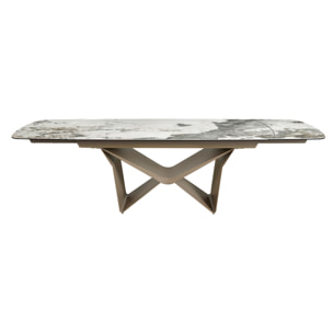 Mesa comedor extensible ovalada barril con tapa de mármol porcelánico blanco con vetas en tonalidades grises y marrones en acabado mate 200x100x76cm
