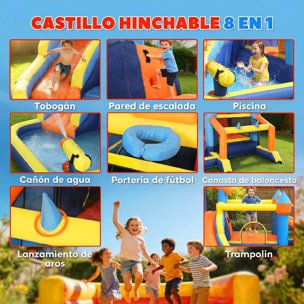 Castillo Hinchable Acuático 8 en 1 con Soplador 550W Castillo Hinchable Niños con Tobogán Zona de Salto Escalada Piscina Portería Canasta Lanzamiento de Aros Exterior Interior 350x325x210 cm