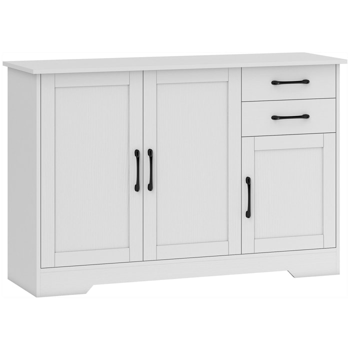 Buffet contemporain 3 portes étagère 2 tiroirs poignées métal noir effet bois blanc