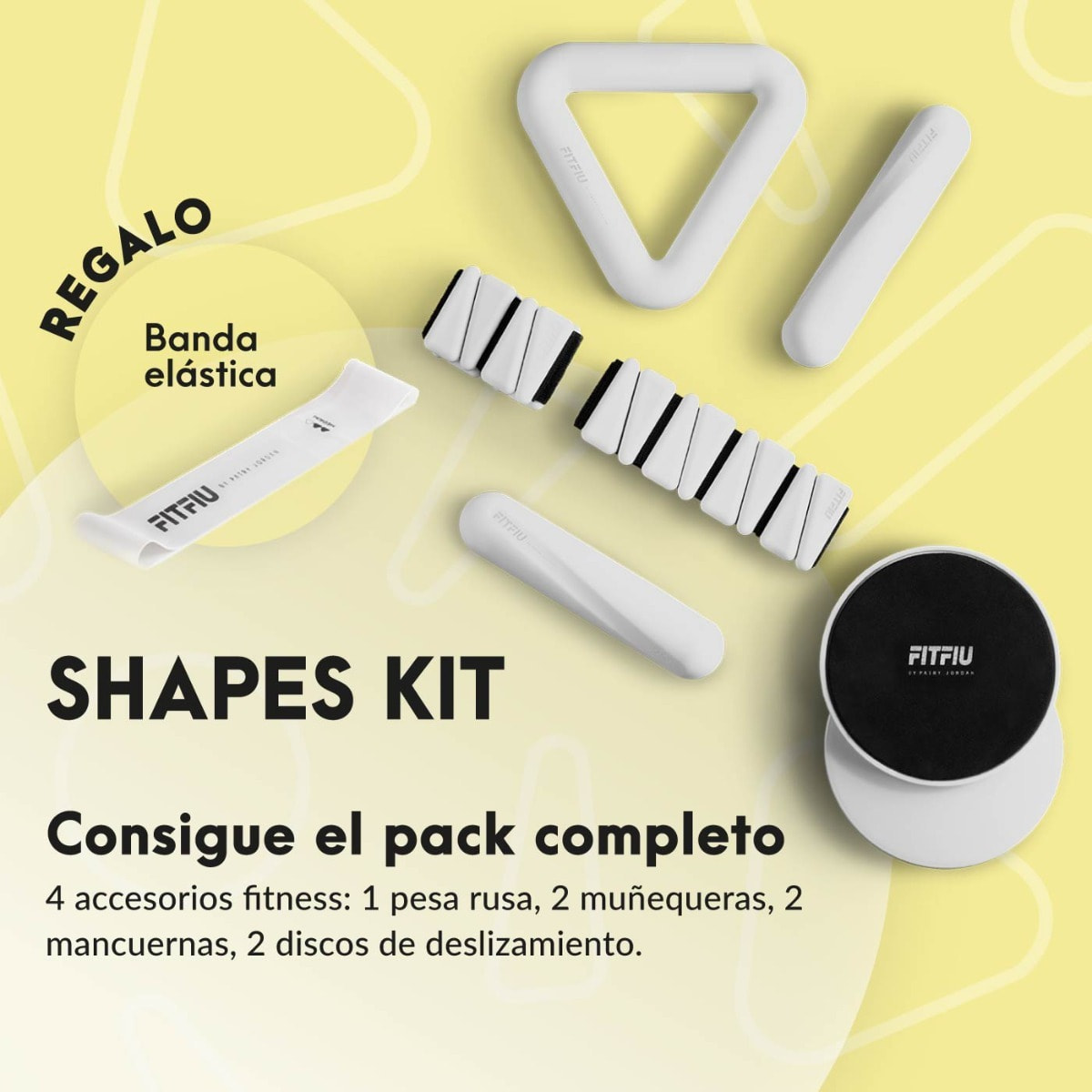 Kit Fitness 4 accesorios con Pesa rusa, Mancuernas, Muñequeras, Discos, Cinta