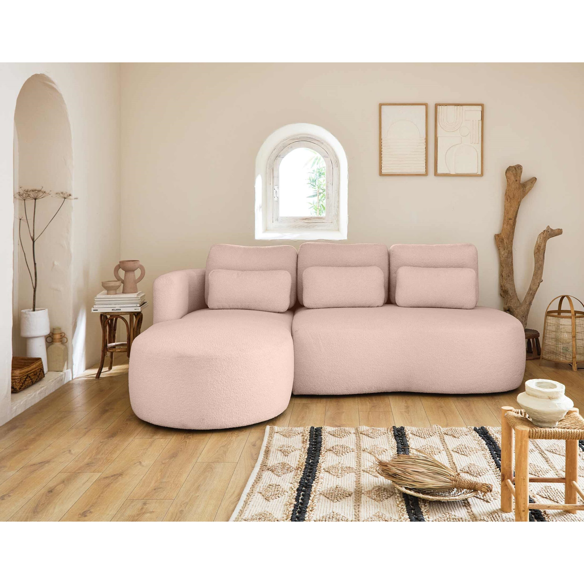 Mahina - canapé d'angle gauche - 4 places - convertible avec coffre - en tissu bouclette - Rose