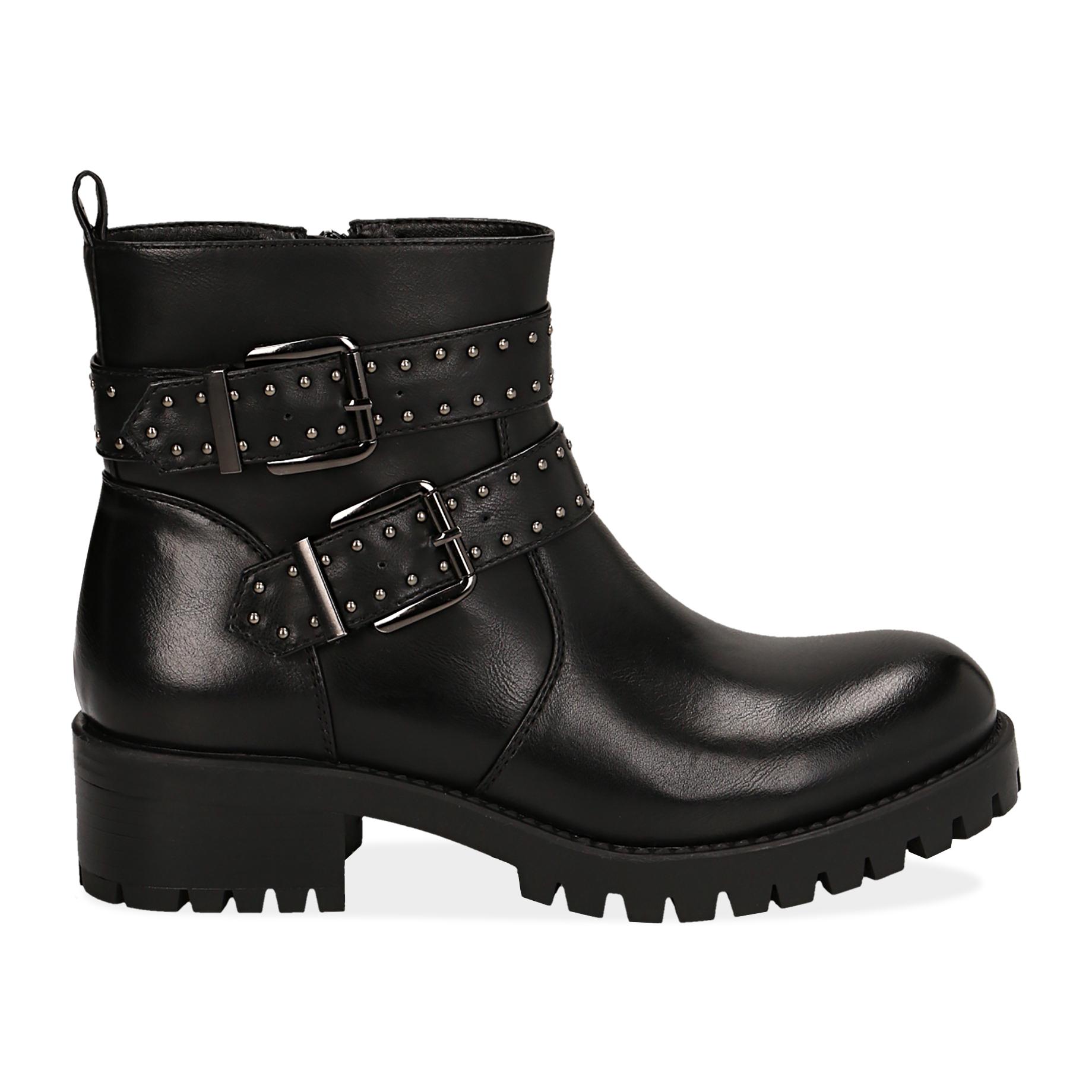 Biker boots con fibbie e borchie neri in eco-pelle, tacco 4,5 cm