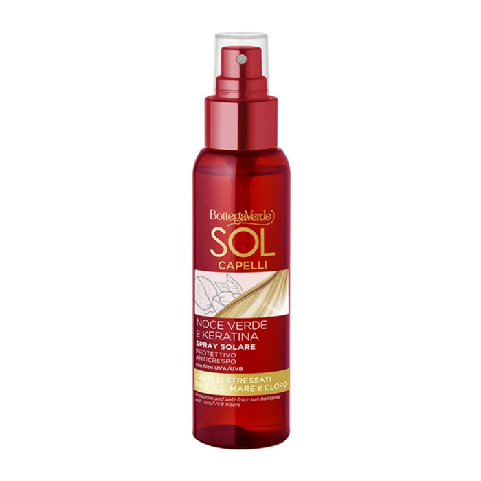 Bottega Verde, Sol Capelli - Noce verde e Keratina - Spray solare - per capelli stressati da sole, mare e cloro - protettivo anti-crespo - con olio di Noce verde e Keratina - con filtri UVA/UVB (100 ml)