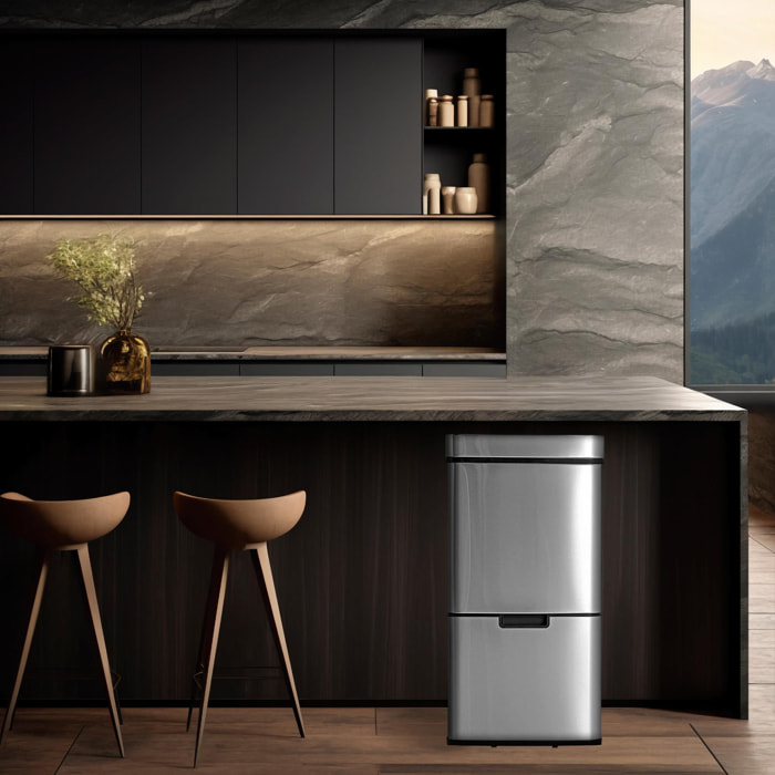 Cubo de basura papelera de reciclaje con 2 compartimentos, apertura automática con sensor, en acero inoxidable, cromado