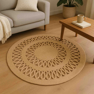 Alfombra redonda de yute trenzado - Diseño calado de 2 líneas 90cm