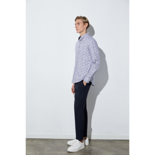 camicia uomo 1 bottone button down slim Popeline Stampato Bianco e Blu