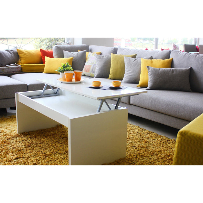 Tavolino da salotto Adrina, Tavolino da caffè con piano elevabile, Tavolo basso da soggiorno, 102x50h43/54 cm, Bianco lucido