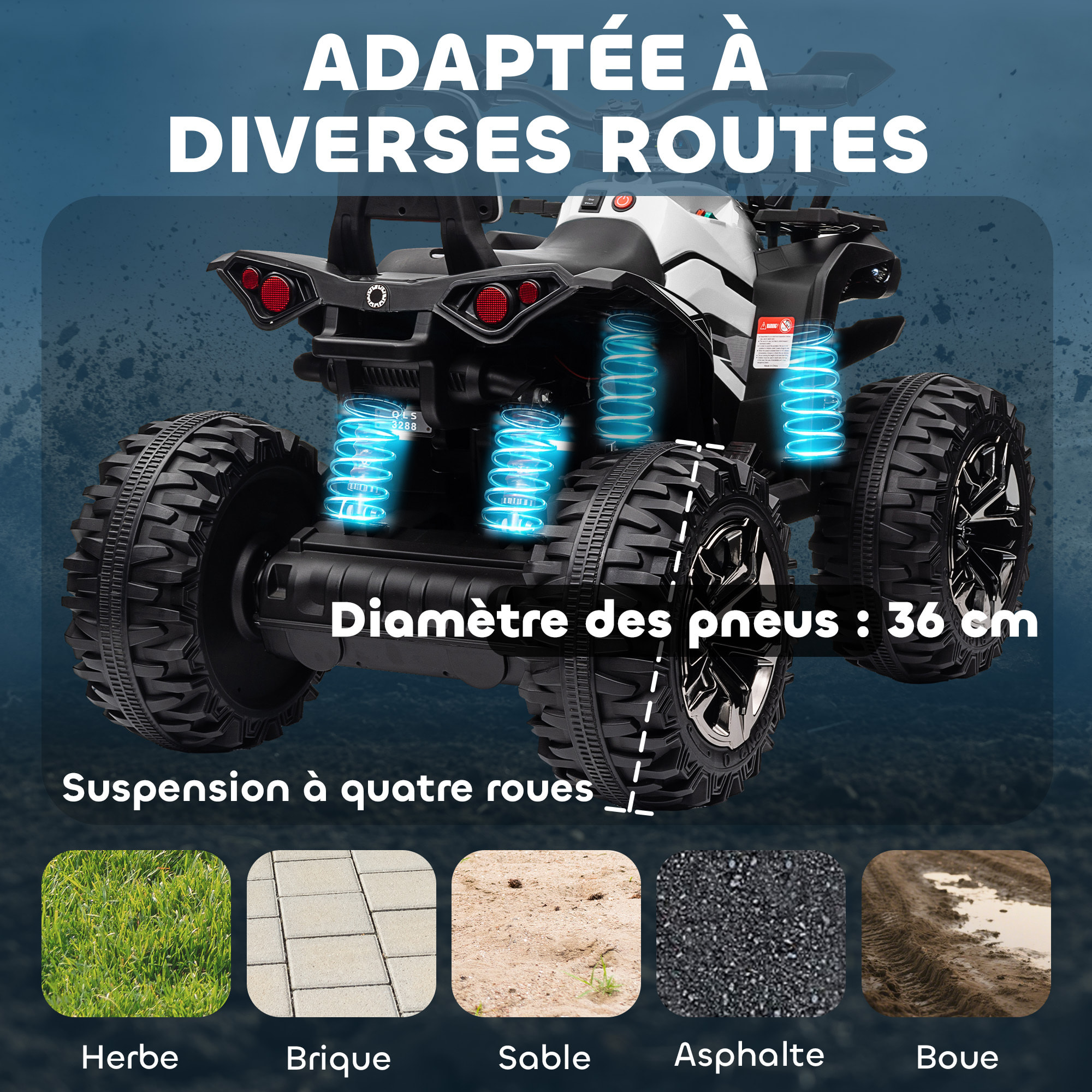 Voiture 4x4 quad buggy électrique enfant 12 V 5 Km/h max. effets lumineux sonores selle avec dossier porte-bagage avant métal PP blanc noir