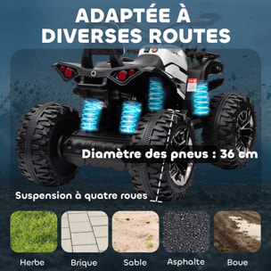 Voiture 4x4 quad buggy électrique enfant 12 V 5 Km/h max. effets lumineux sonores selle avec dossier porte-bagage avant métal PP blanc noir