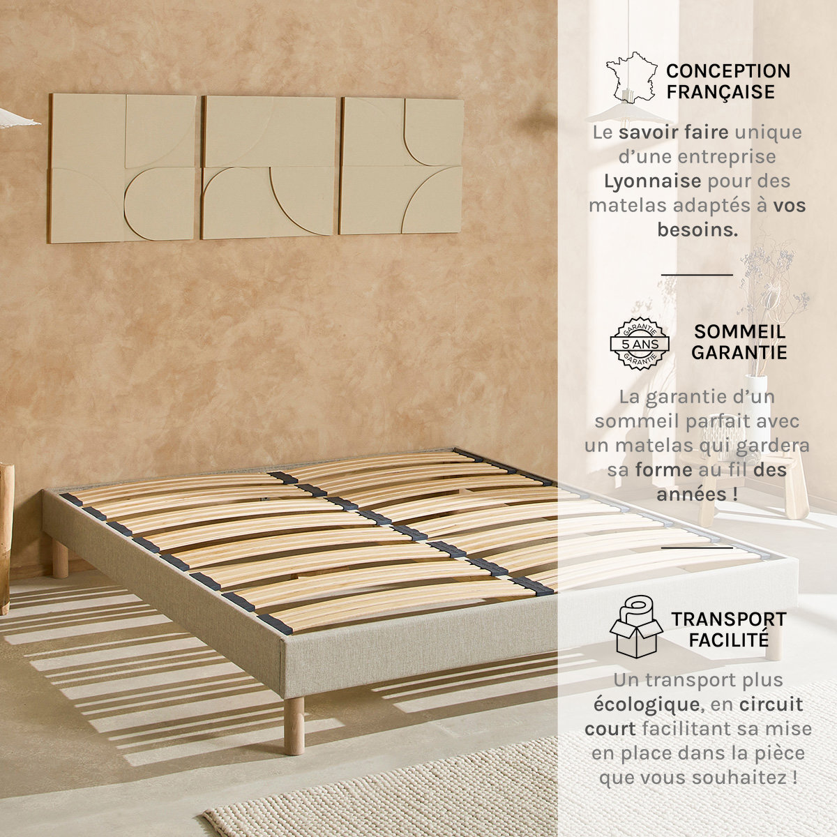 Sommier en kit Lino Technologie Tri-Lattes, Bois Épicéa, H30 cm, Montage Facile, Aération Optimale