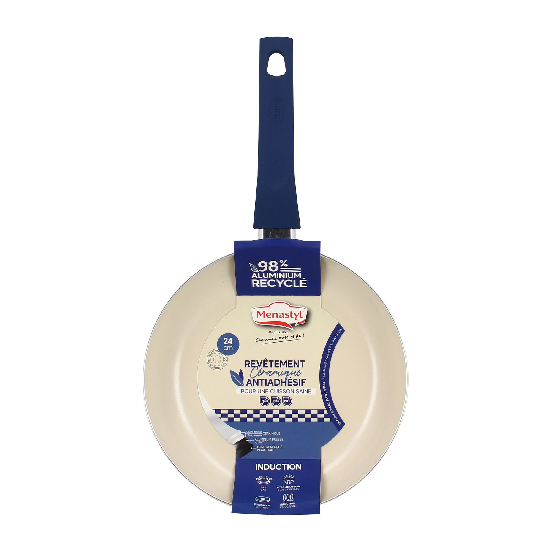 Poêle 24cm en aluminium recyclé et antiadhésif bleu - tout feux GINETTE