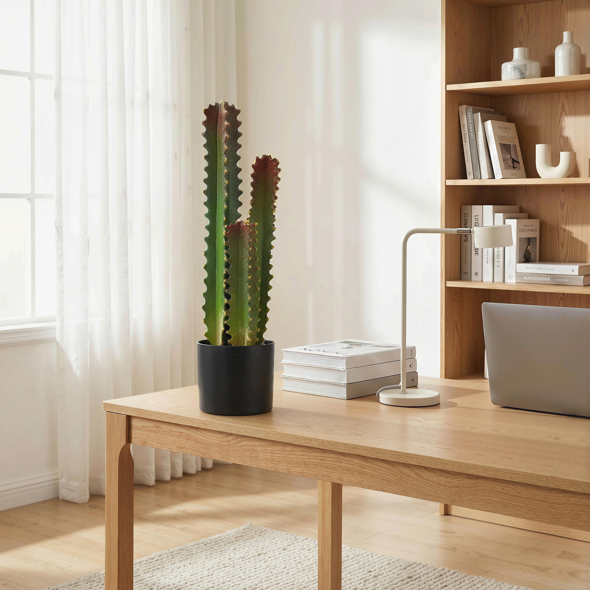 Cactus Artificial 66 cm, Planta Artificial Decorativa con Maceta y 3 Hojas, para Decoración del Interior, Hogar, Oficina, Salón, Verde