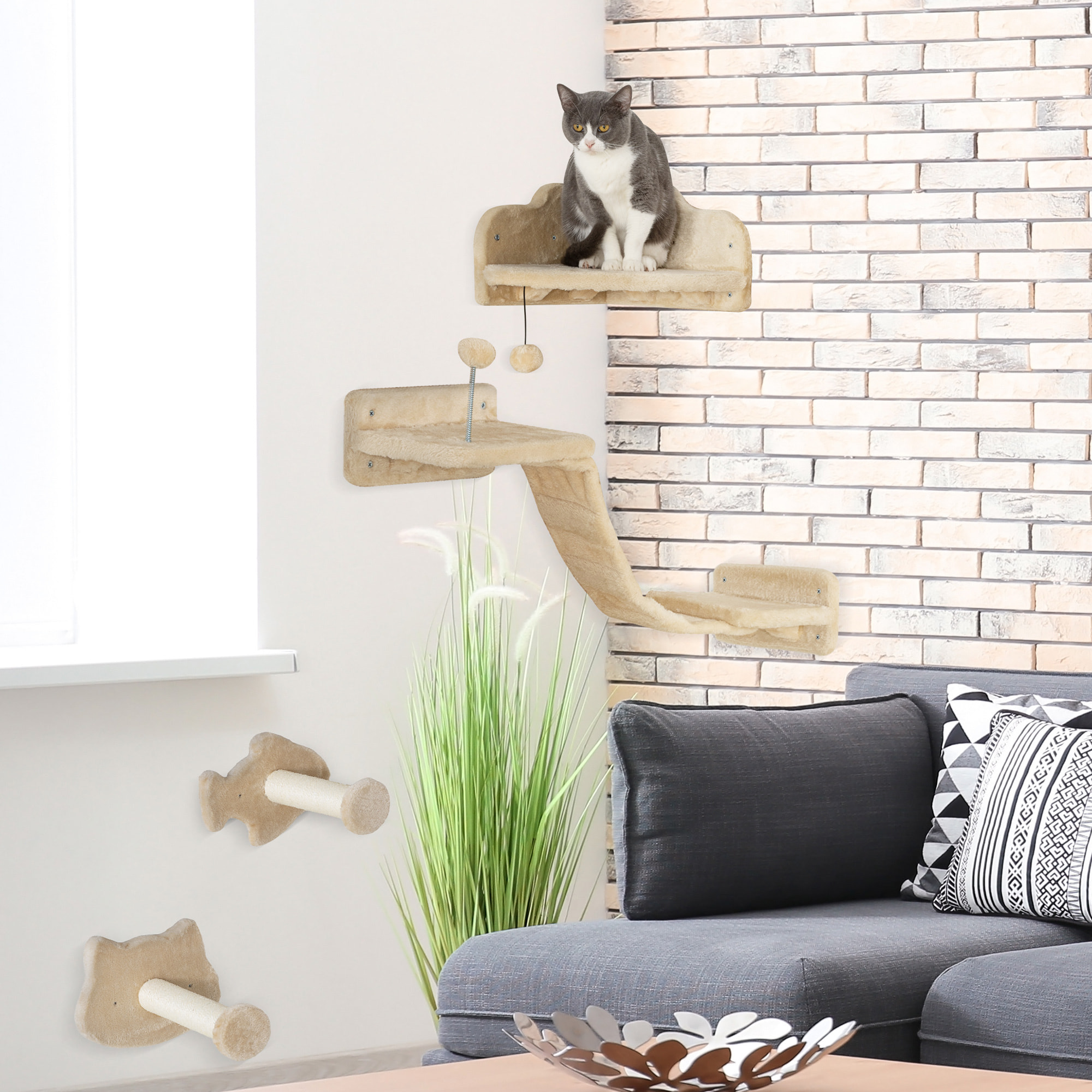 Juego de Estanterías para Gatos de 4 Piezas Rascador de Pared para Gatos con 2 Postes de Sisal Plataforma Doble con Escalera Suave y 1 Plataforma para Saltar Beige