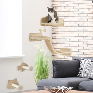 Juego de Estanterías para Gatos de 4 Piezas Rascador de Pared para Gatos con 2 Postes de Sisal Plataforma Doble con Escalera Suave y 1 Plataforma para Saltar Beige