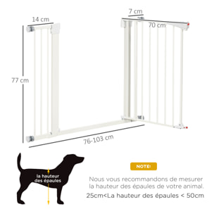 Barrière de sécurité animaux réglable 76-103L cm - porte 2 verrouillages, ouverture 2 sens - acier ABS blanc