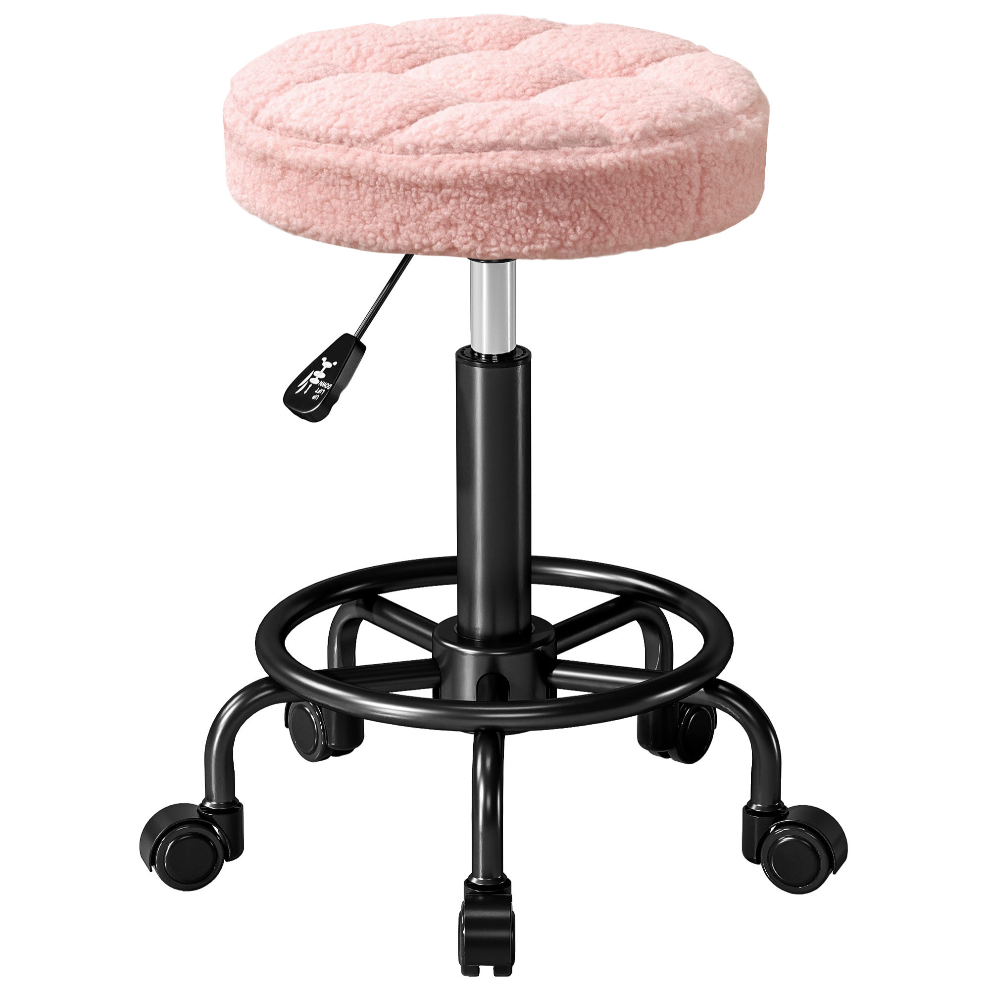 Taburete Giratorio Redondo Taburete con Ruedas Altura Regulable 50-66 cm Asiento Tapizado en Tejido de Borreguito para Salones Talleres Spa Masaje Rosa
