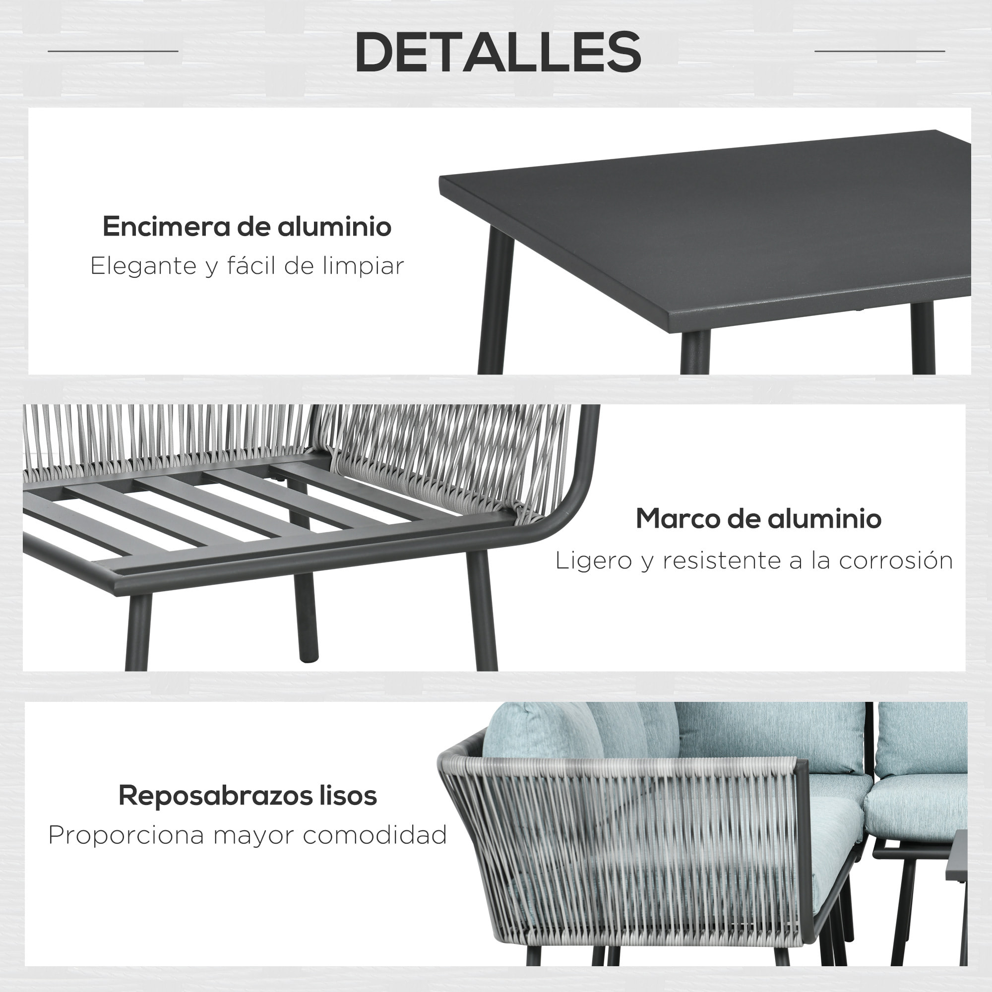 Conjunto de Muebles de Ratán 4 Piezas con Marco de Aluminio Set de Muebles de Jardín 2 Sofá de 2 Plazas Sofá de Esquina Mesa de Centro con 6 Cojines Acolchados para Exterior Patio Gris