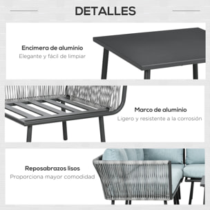 Conjunto de Muebles de Ratán 4 Piezas con Marco de Aluminio Set de Muebles de Jardín 2 Sofá de 2 Plazas Sofá de Esquina Mesa de Centro con 6 Cojines Acolchados para Exterior Patio Gris