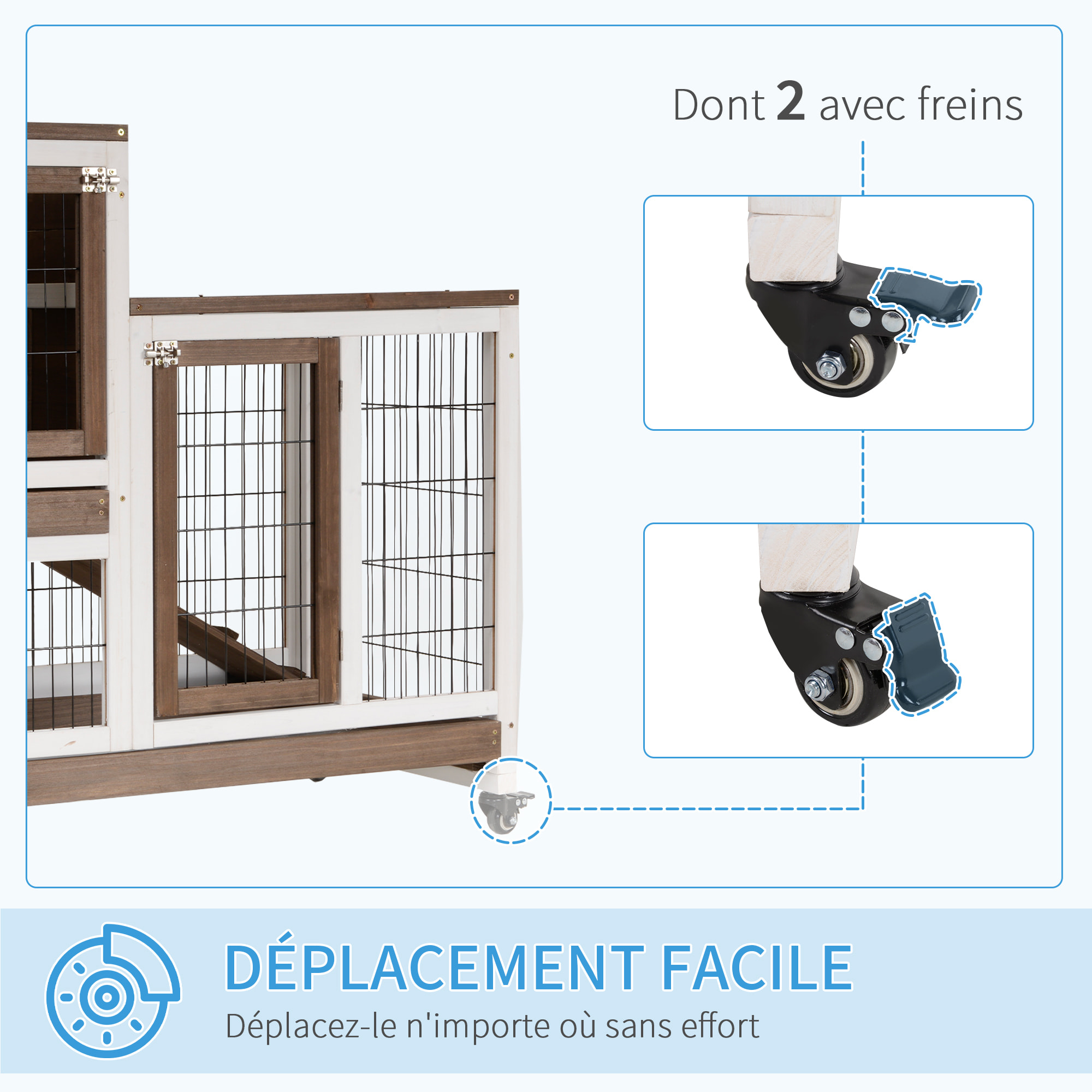 Clapier à lapin sur roulettes cage à lapin 2 étages 2 portes verrouillables 2 plateaux coulissants rampe bois de sapin marron blanc