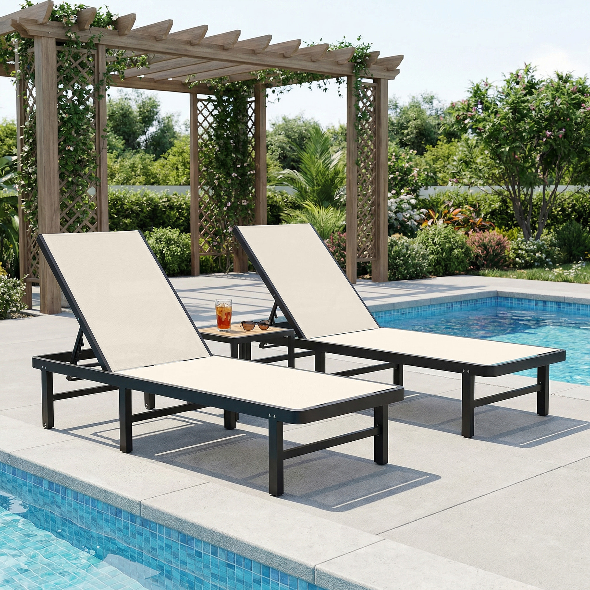 Pack de 2 Tumbonas de Jardín Exterior, Tumbonas Reclinables con Ruedas, Respaldo Ajustable de 4 Niveles, Estructura de Aluminio y Tela Textilene, Resistentes, para Playa, Piscina, Beige