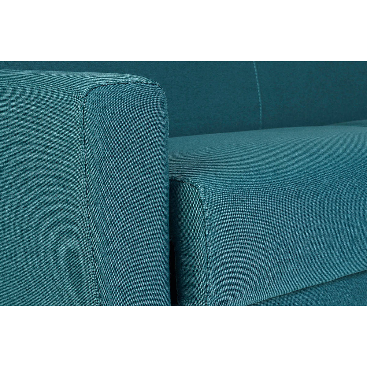 Canapé convertible 3 places en tissu bleu canard et bois clair avec matelas 18 cm GRAHAM