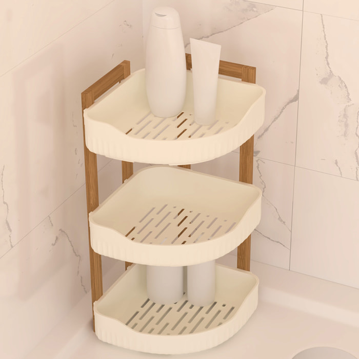 Étagère d'angle "Naturéo" 3 niveaux en bambou blanc 29x22cm