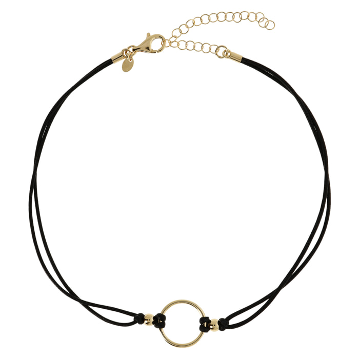 Collana con Cordino Nero e Pendente a Cerchio in Argento 925 placcato Oro Giallo 18kt