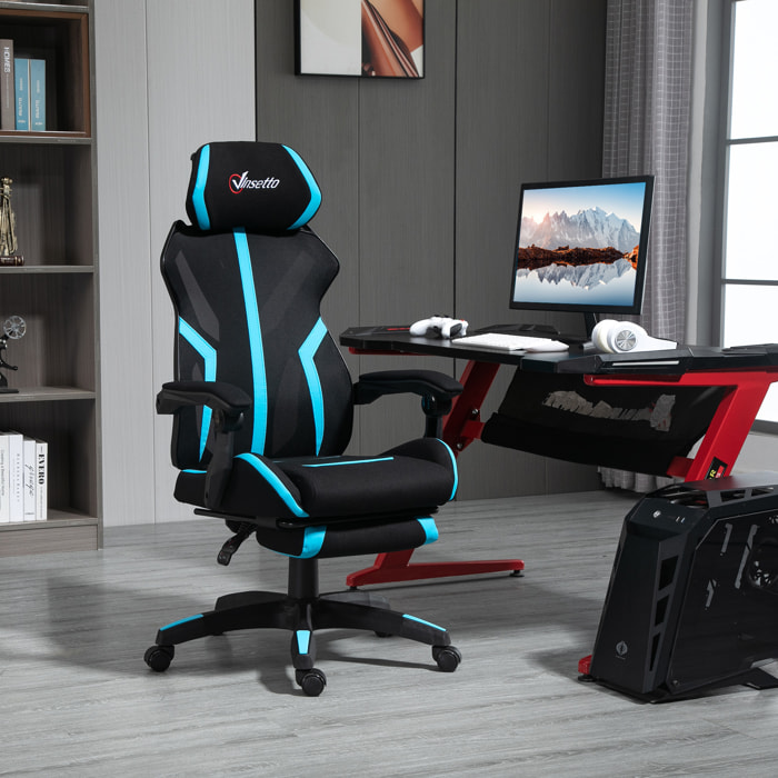 Vinsetto Silla Gaming con Reposapiés Retráctil Silla de Oficina Giratoria Reclinable con Reposacabezas y Altura Ajustable 65x65x119-129 cm Negro y Azul