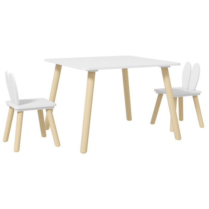 Juego de Mesa y 2 Sillas Infantiles Mesa Infantil con Sillas Respaldos con Orejas de Conejo Mesa Infantil para Guardería Sala de Juegos Blanco