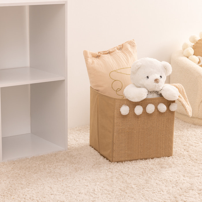 Bac de rangement enfant pompons jute 29x29cm