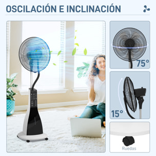 Ventilador Nebulizador Ventilador de Pie con Agua Oscilante 90 W Temporizador Tanque 3L Mando a Distancia 3 Velocidades 5 Aspas y Pantalla LED Ø44,5 cm Blanco y Negro