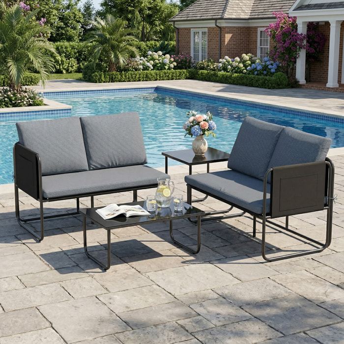 Conjunto Jardín Exterior de 4 Piezas, Muebles Jardín Exterior con 2 Sofás 2 Plazas, 2 Mesas de Vidrio, Cojines, Fundas Extraíbles, Bolsillos, Tela Textilene Transpirable, Marco Acero, Gris