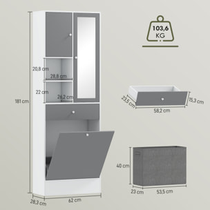 Armario de Baño con Cesto Ropa Sucia Armario Alto de Baño Estrecha con Espejo Cajón Compartimentos Abiertos y Estantes Ajustables 62x28,3x181 cm Blanco y Gris