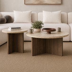 Ensemble de 2 tables basses rondes effet travertin et noyer BLISS
