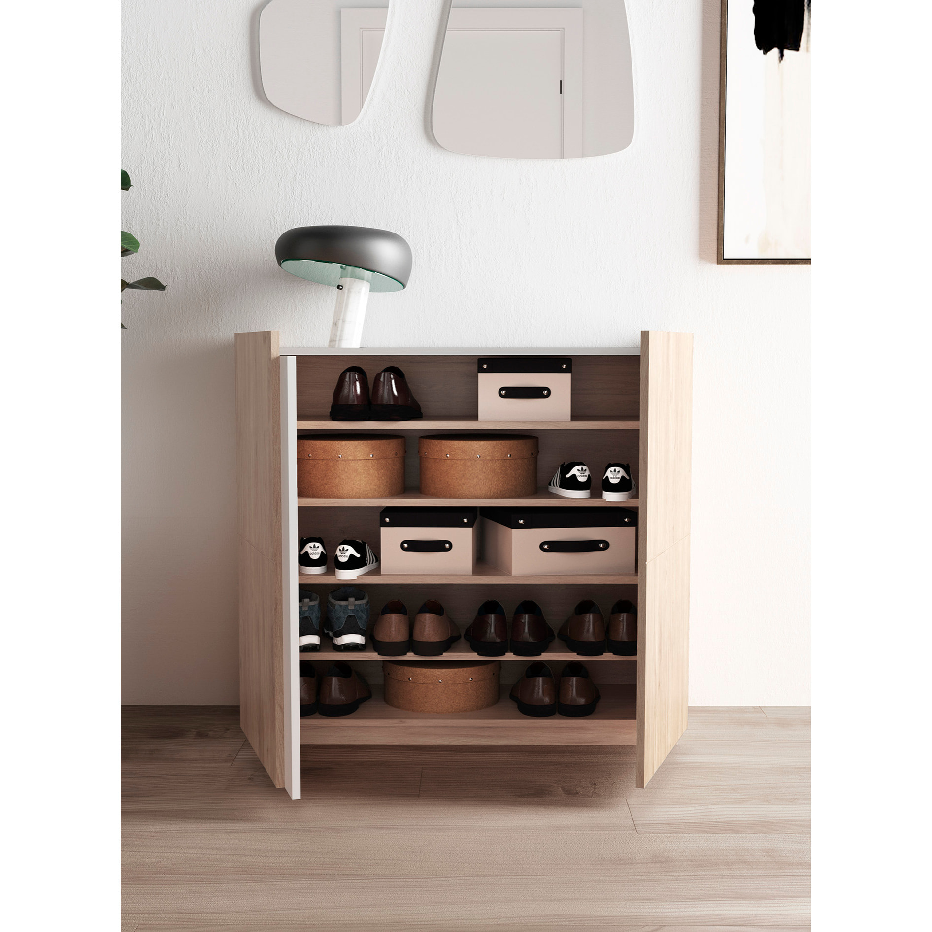 Zapatero Odda melamina roble claro detalle blanco 90x95x35 cm