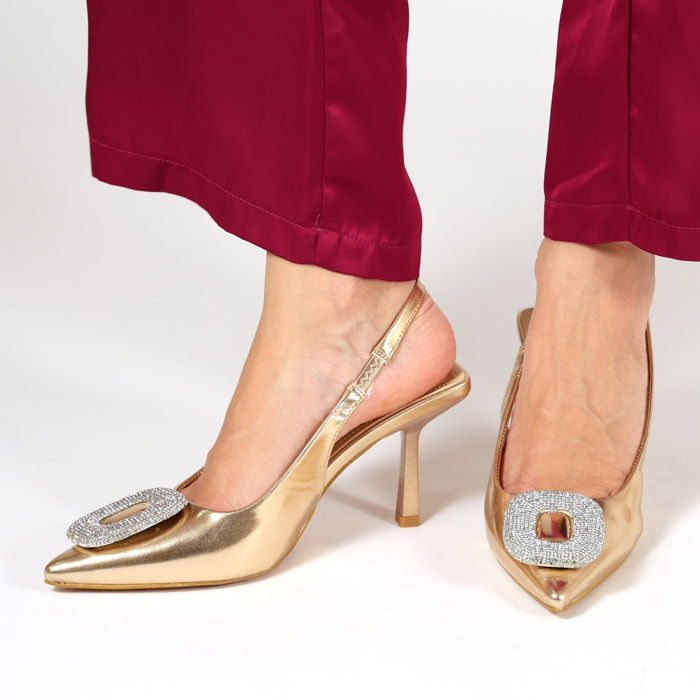 Dècolletè slingback in simil pelle con dettaglio strass sulla punta