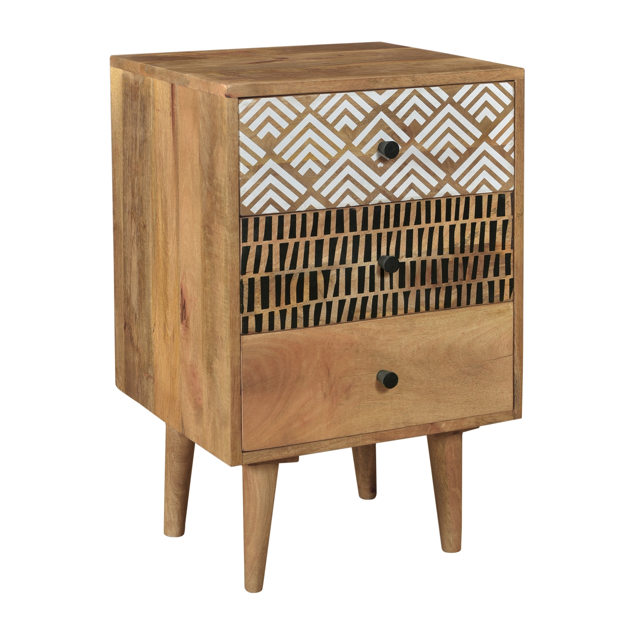 Table de chevet en bois, 3 tiroirs à motifs - Tali