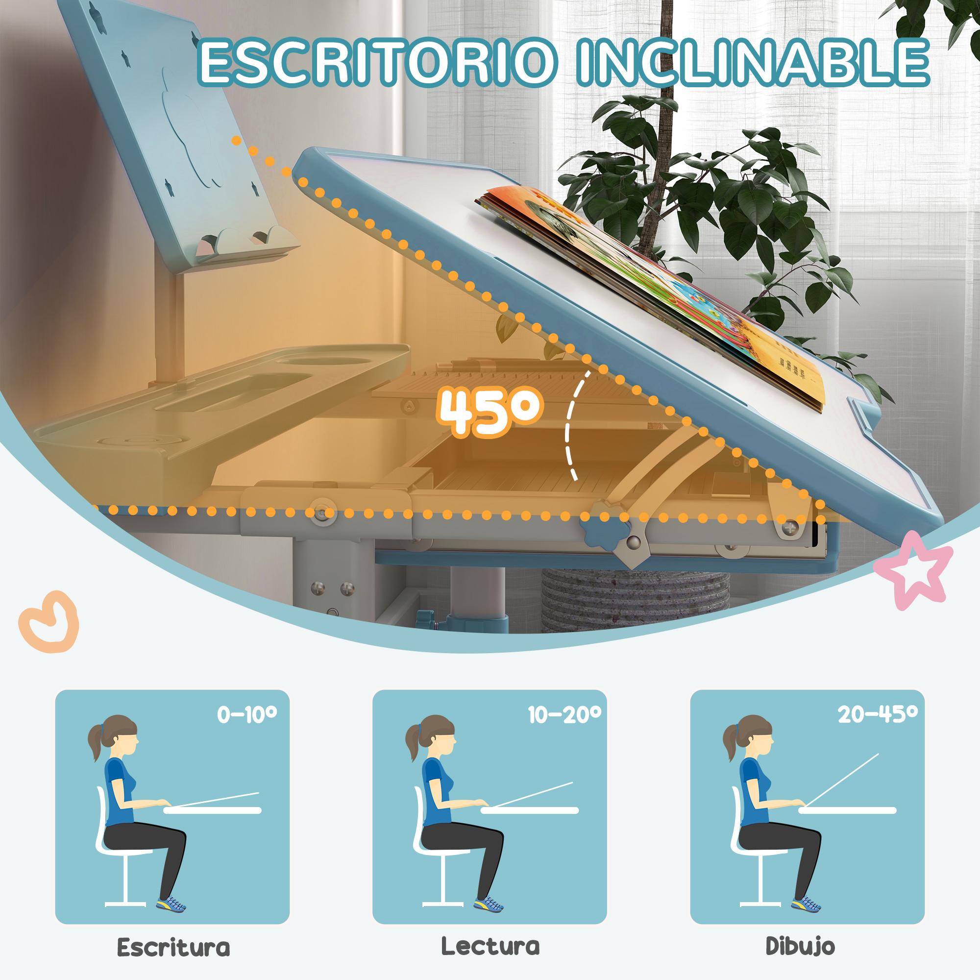 Juego de Escritorio y Silla para Niños de 6-12 Años Pupitre Infantil Altura Ajustable con 1 Cajón 1 Estante para Libros y Ángulo de Mesa Ajustable 80x49,5x82-104 cm Azul y Blanco