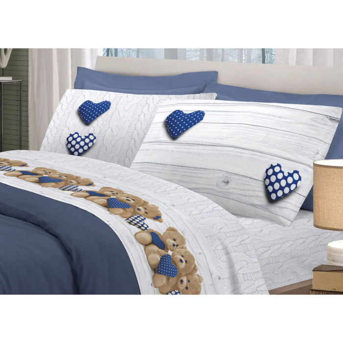 Completo Lenzuola 100% Cotone New Orsetti Blu