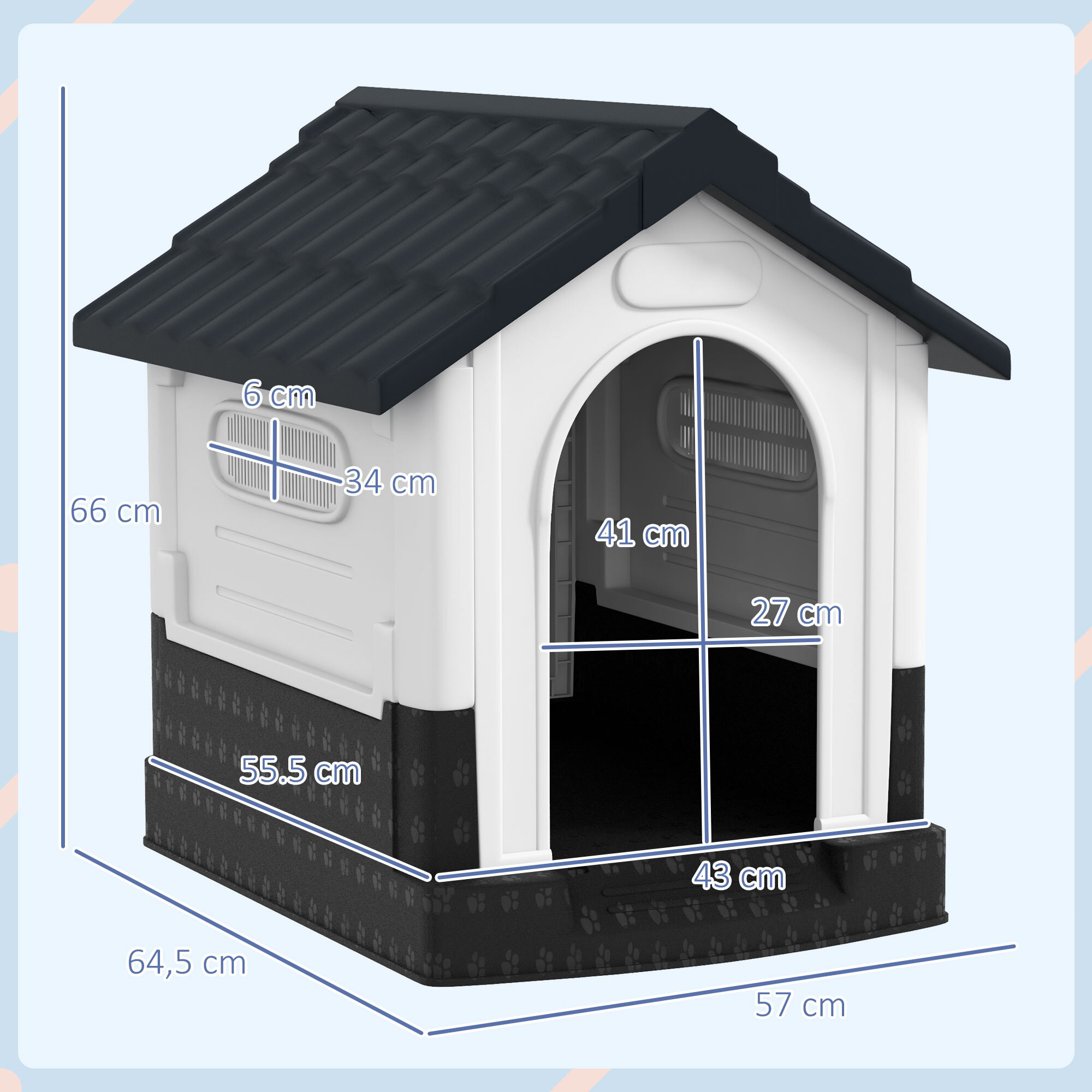 Caseta para Perros Mini para Exterior, Casa para Perros de Plástico con 3 Ventanas, Base Elevada, Techo de Tejas de Imitación, 64,5x57x66 cm, Gris Oscuro
