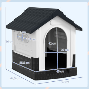 Caseta para Perros Mini para Exterior, Casa para Perros de Plástico con 3 Ventanas, Base Elevada, Techo de Tejas de Imitación, 64,5x57x66 cm, Gris Oscuro