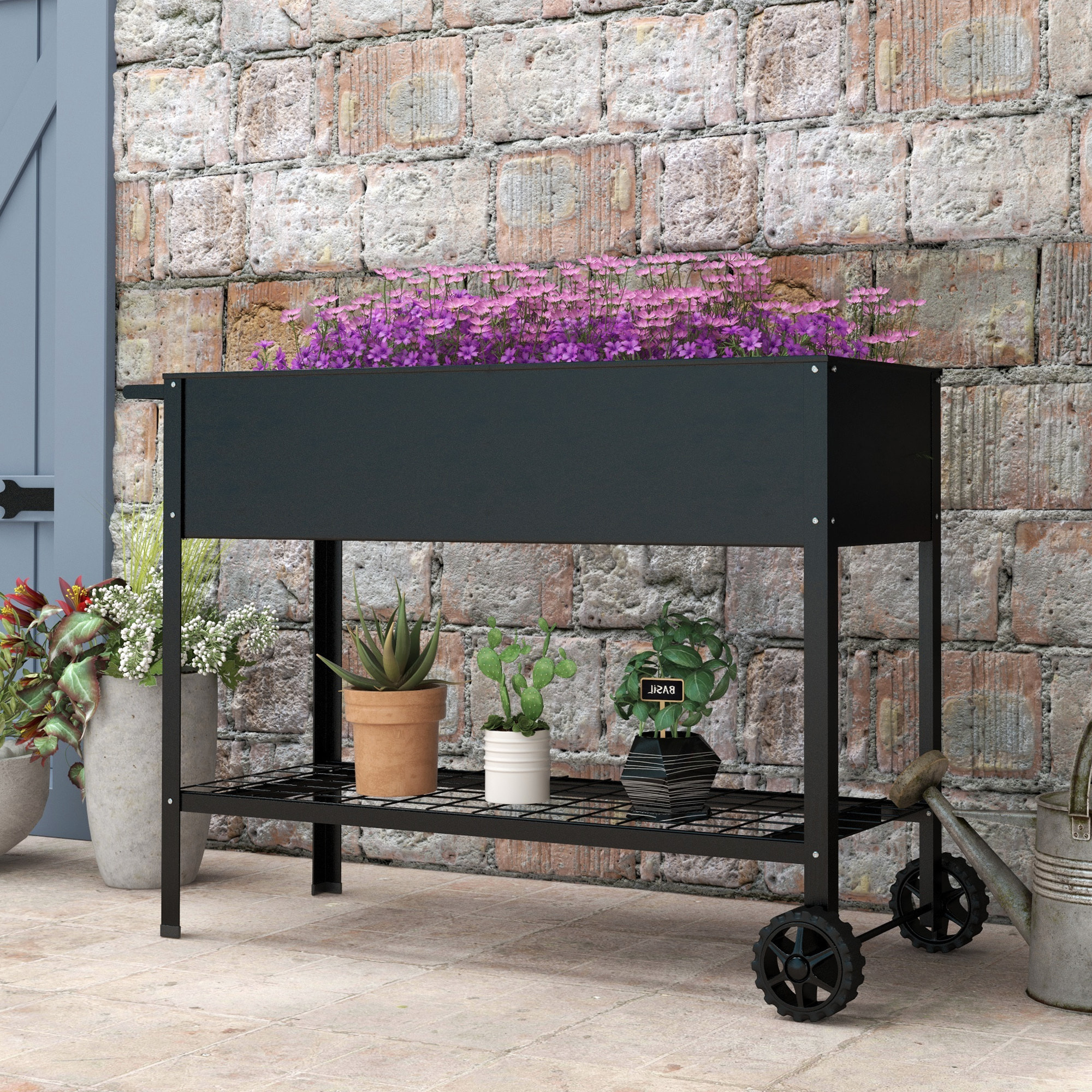 Jardinière sur pieds potager dim. 104L x 39l x 80H cm étagère 2 roues + insert d'irrigation métal noir