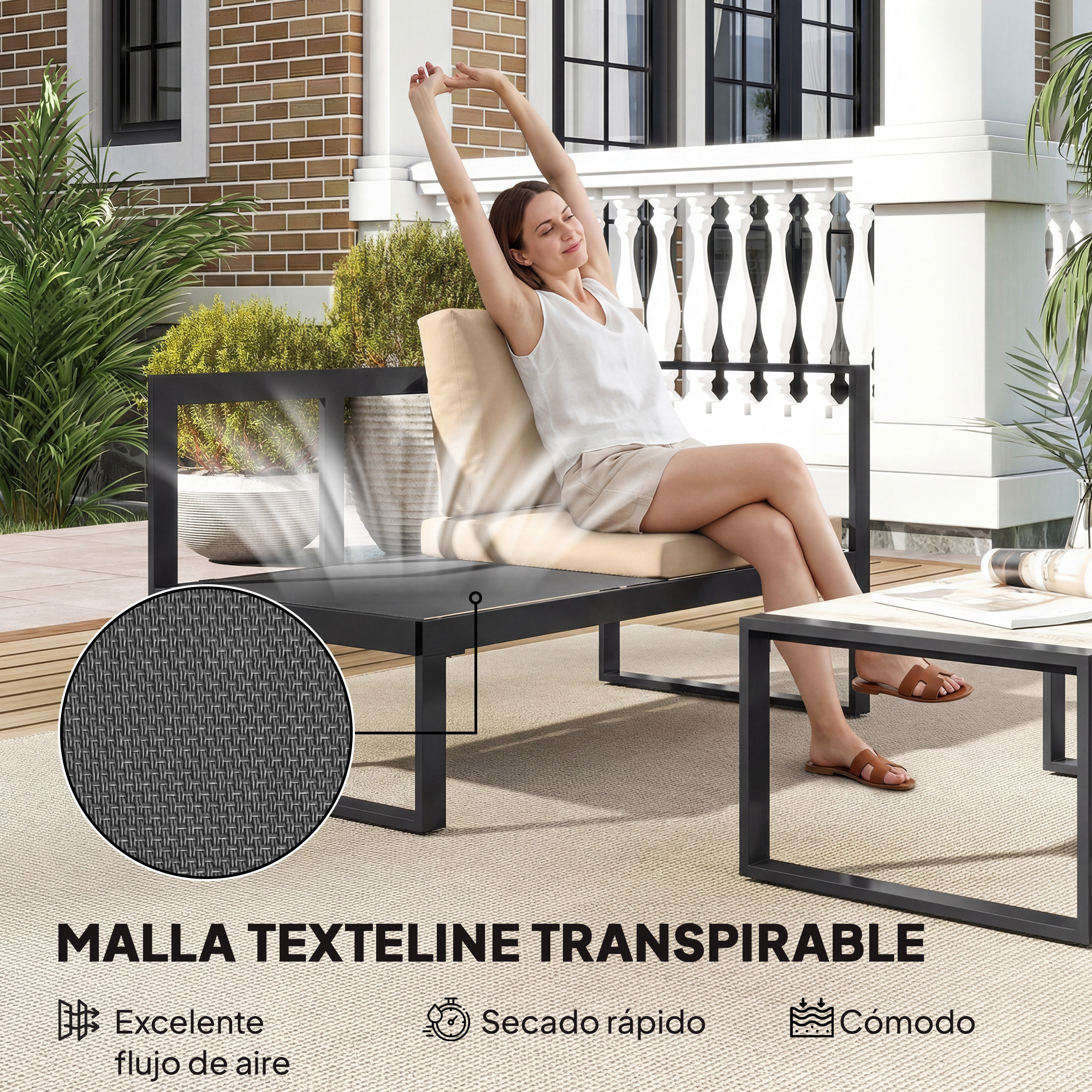Conjunto de Jardín Exterior de 4 Piezas, Muebles Jardín Exterior con 2 Sofás de 2 Plazas, 1 Sillón sin Brazos y Mesa de Centro, Conjunto de Sofá con Estructura de Acero y Cojines, Caqui
